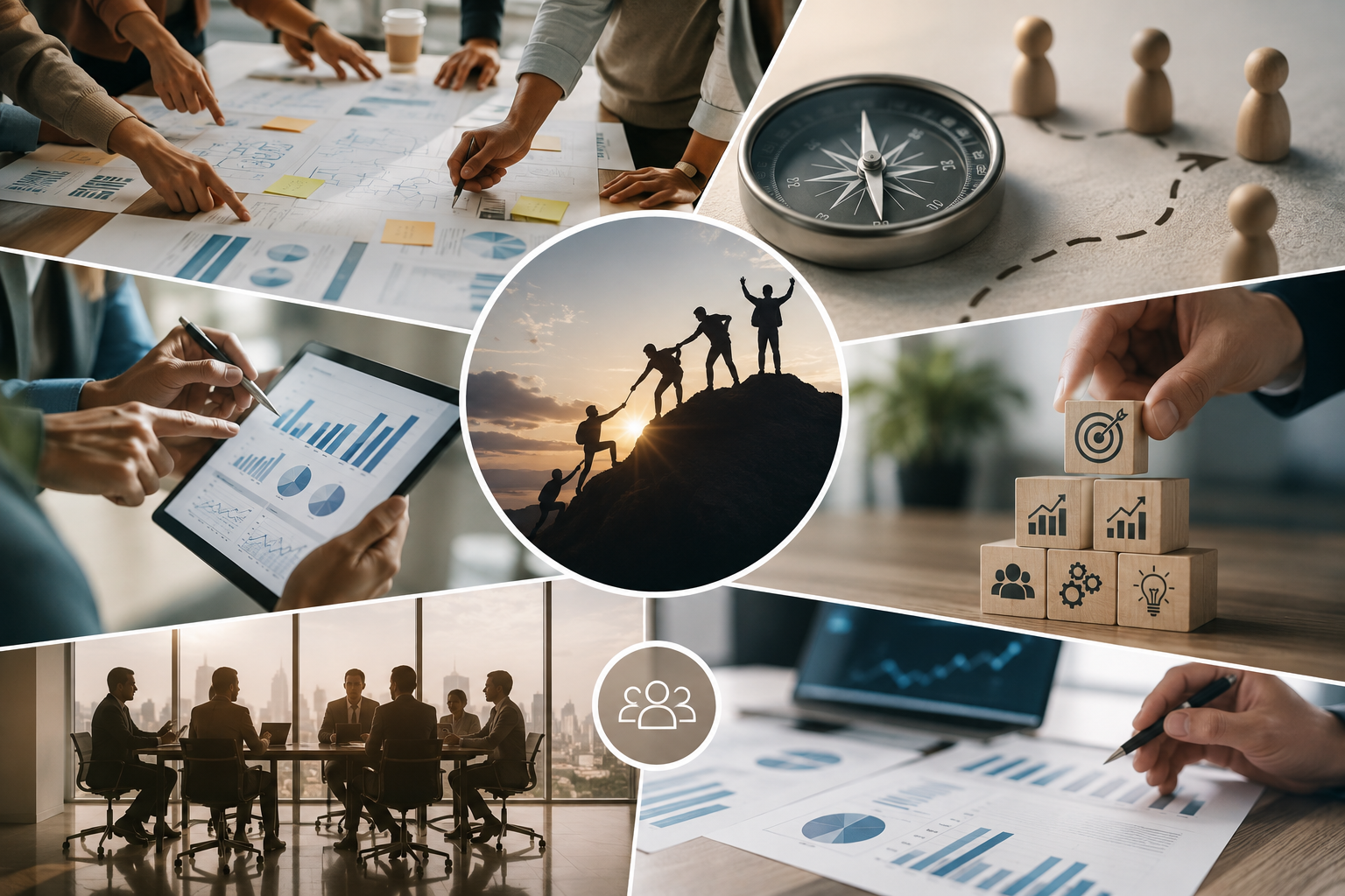Collage di attività di analisi, misurazione e collaborazione in azienda