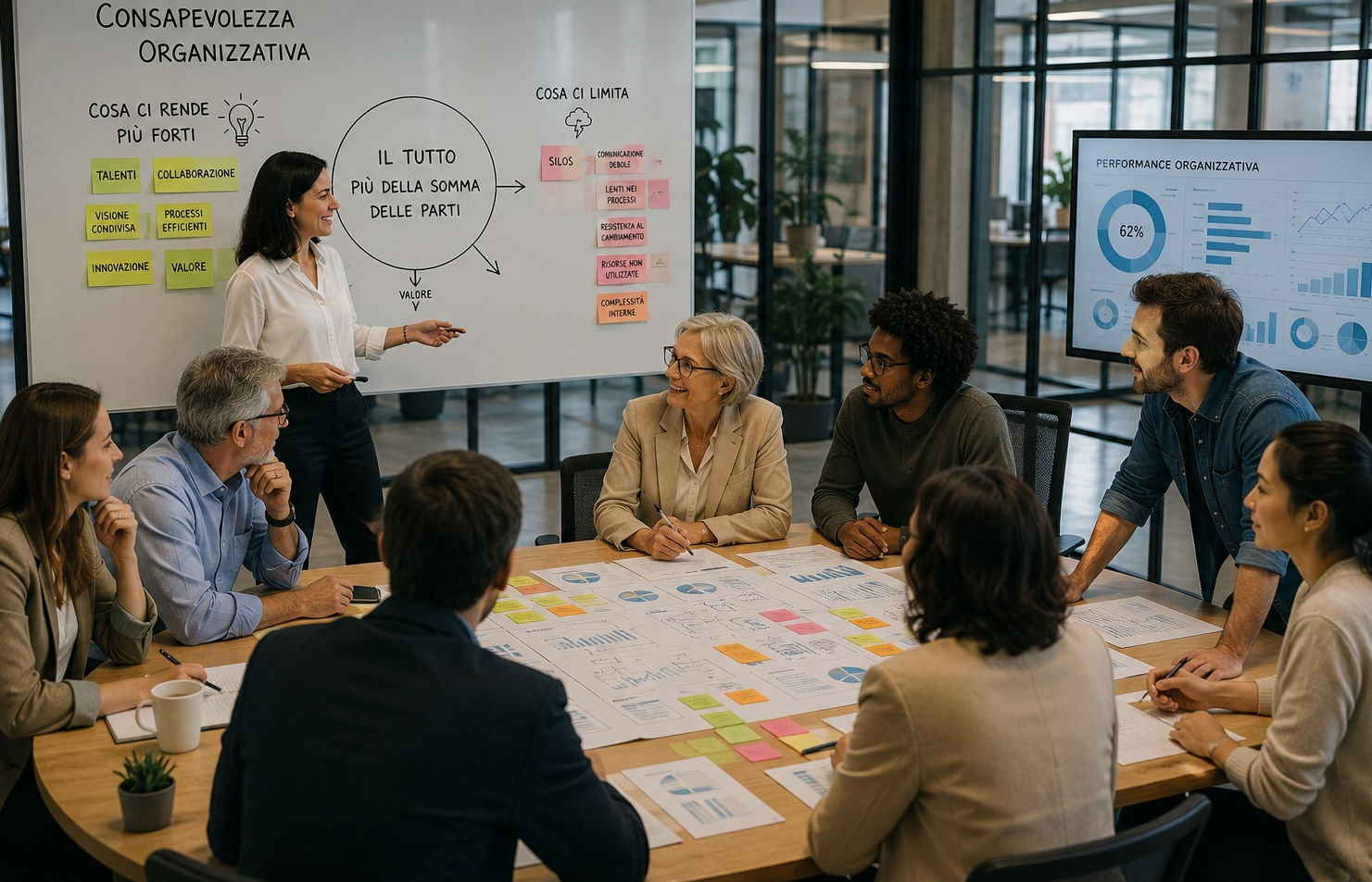 Team al lavoro su una lavagna dedicata alla consapevolezza organizzativa