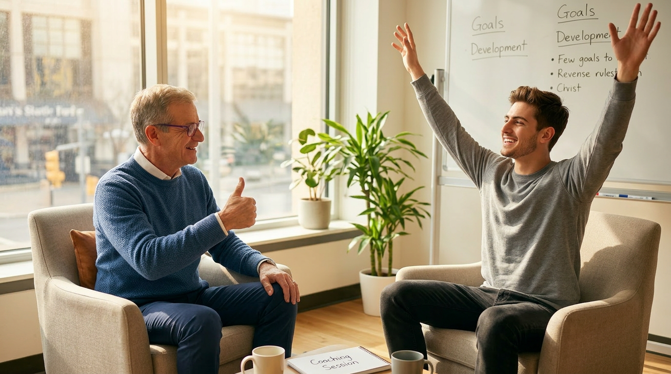 Persona che festeggia il risultato raggiunto con il proprio coach