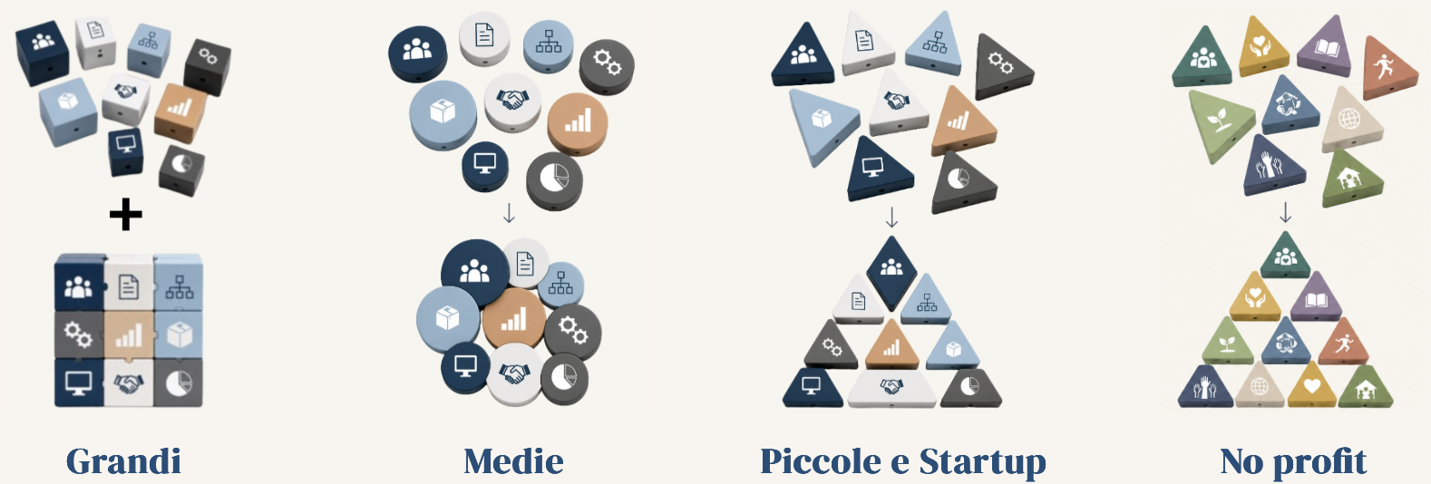 Organizzazioni di diversa grandezza: grandi, medie, piccole e startup, no profit