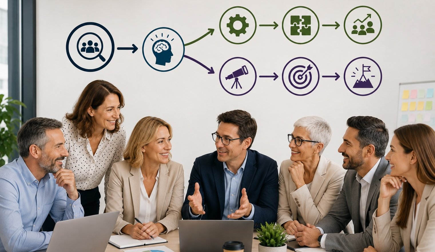 Team di manager in riunione con schema del percorso: conoscenza, consapevolezza, progetti e visione di futuro