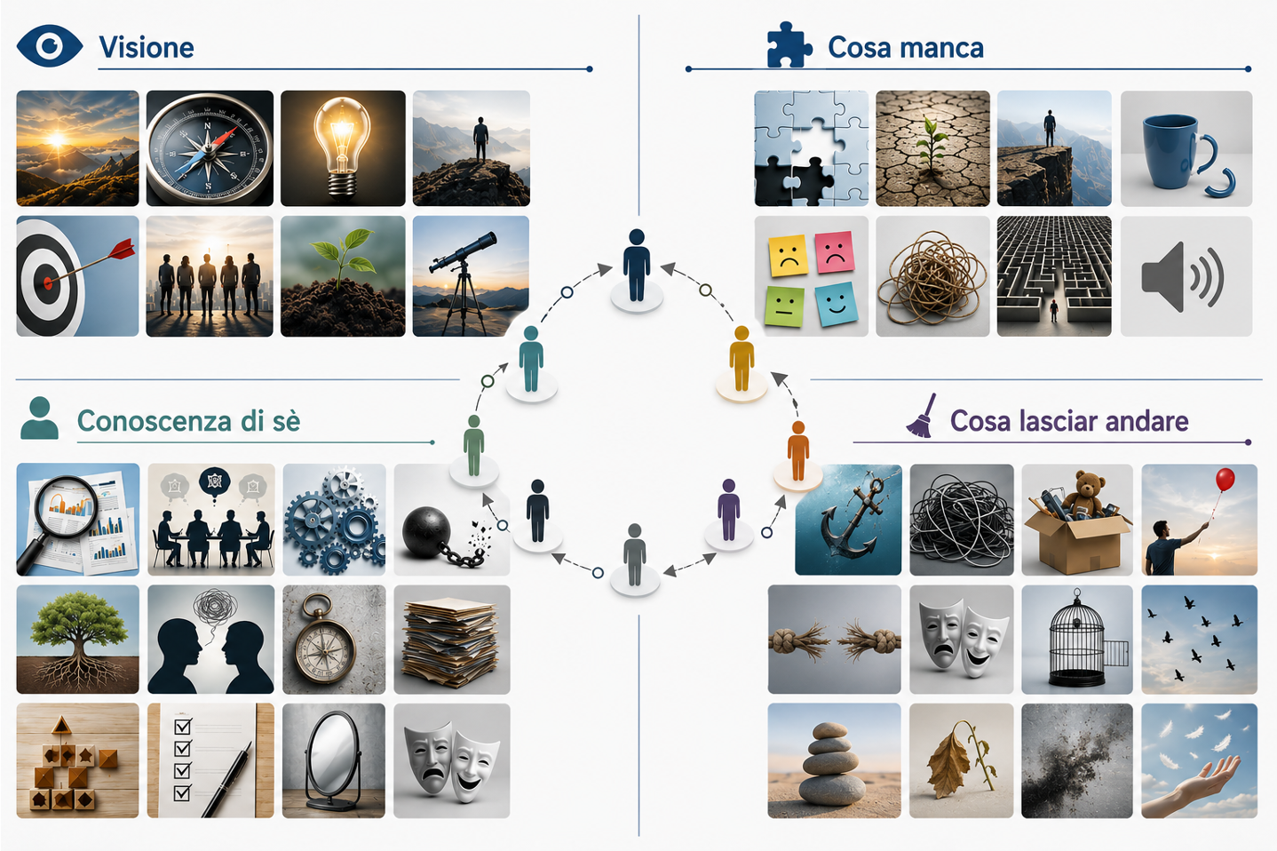 Mandala dell'organizzazione: visione, cosa manca, conoscenza di sé, cosa lasciar andare