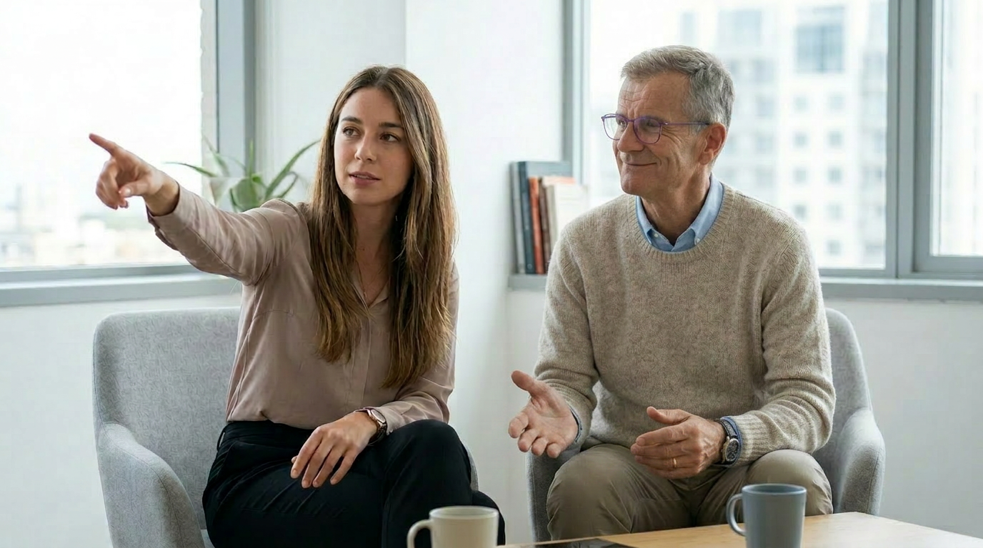 Persona che indica una nuova direzione durante una sessione di coaching