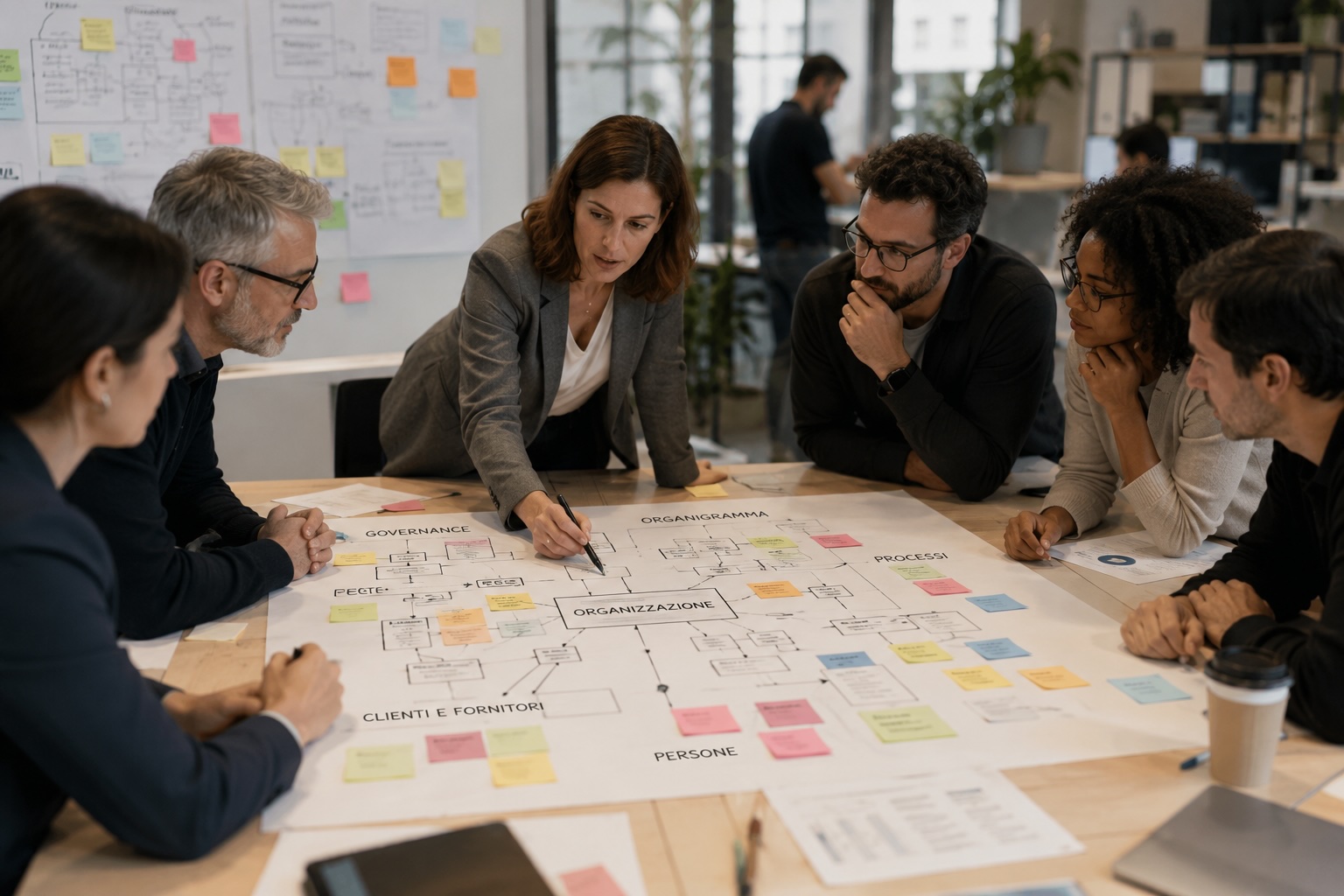 Team che analizza la mappa dell'organizzazione con governance, organigramma, processi, clienti e persone