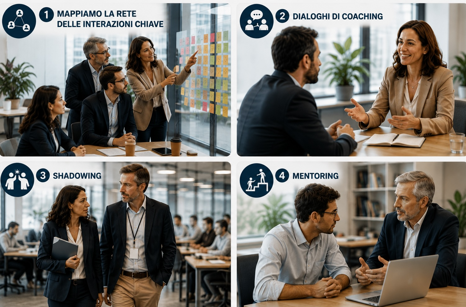 Modalità delle interviste: mappatura della rete delle interazioni chiave, dialoghi di coaching, shadowing e mentoring