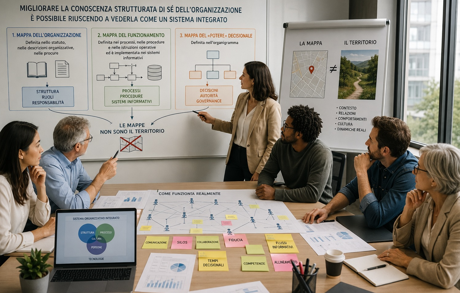 Team che rappresenta l'organizzazione come sistema integrato, con mappe e processi su lavagna