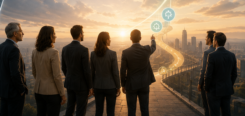 Gruppo di manager che immagina il futuro dell'organizzazione guardando l'orizzonte di una città