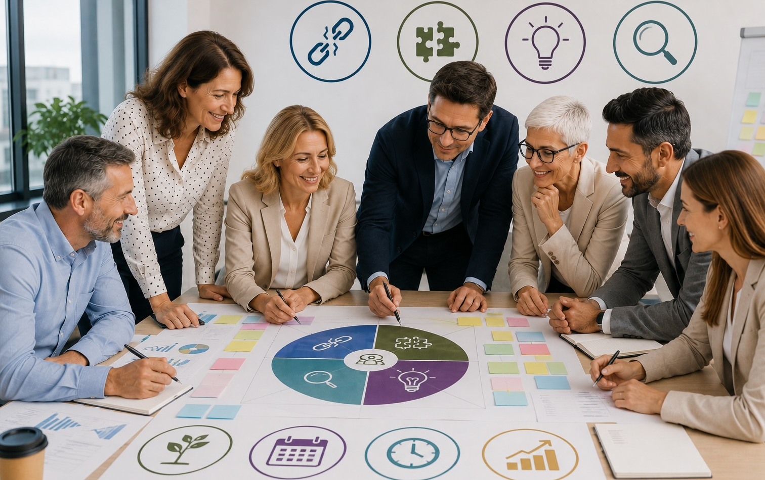 Team al lavoro sul piano di azione attorno al mandala dell'organizzazione